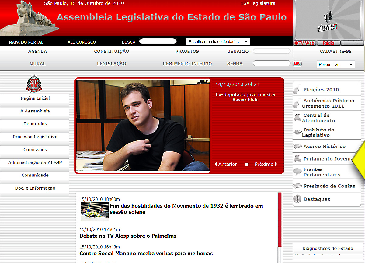 Para acesso s informaes do Parlamento Jovem, entre na pgina inicial do Portal da Alesp (lado direito conforme ilustrao seta amarela)<a style='float:right;color:#ccc' href='https://www3.al.sp.gov.br/repositorio/noticia/10-2010/portal alesp pjovem .jpg' target=_blank><i class='bi bi-zoom-in'></i> Clique para ver a imagem </a>